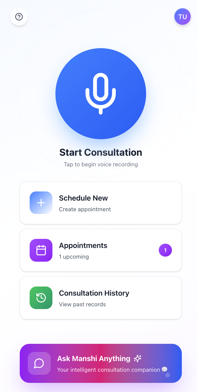 Manshi AI - Main product screenshot demonstrating key features and user interface