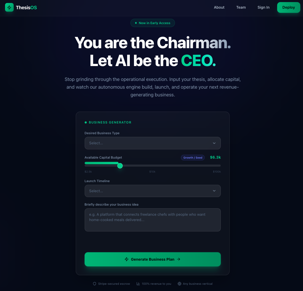 ThesisOS - Your AI-powered CEO - Main product screenshot demonstrating key features and user interface