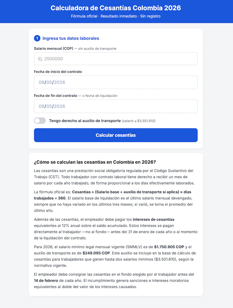 calculacesantias.com screenshot 2