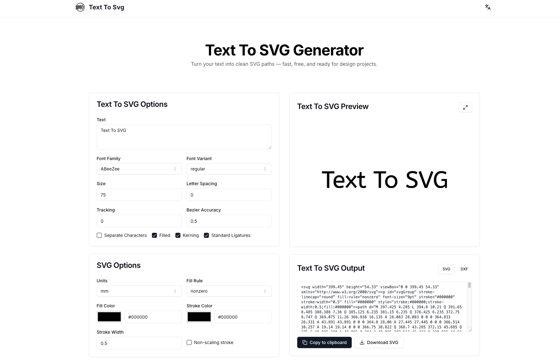 Free Text to SVG Online - Main product screenshot demonstrating key features and user interface