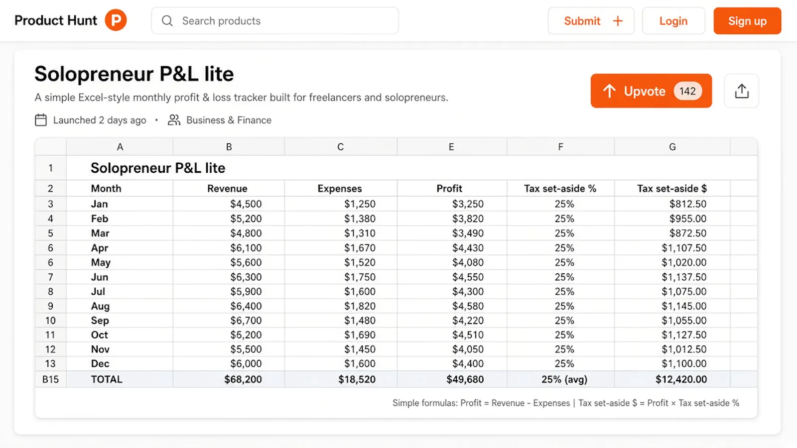 Solopreneur P&L + Tax Set-Aside screenshot 1
