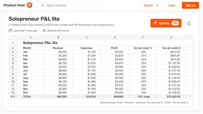 Solopreneur P&L + Tax Set-Aside screenshot 1