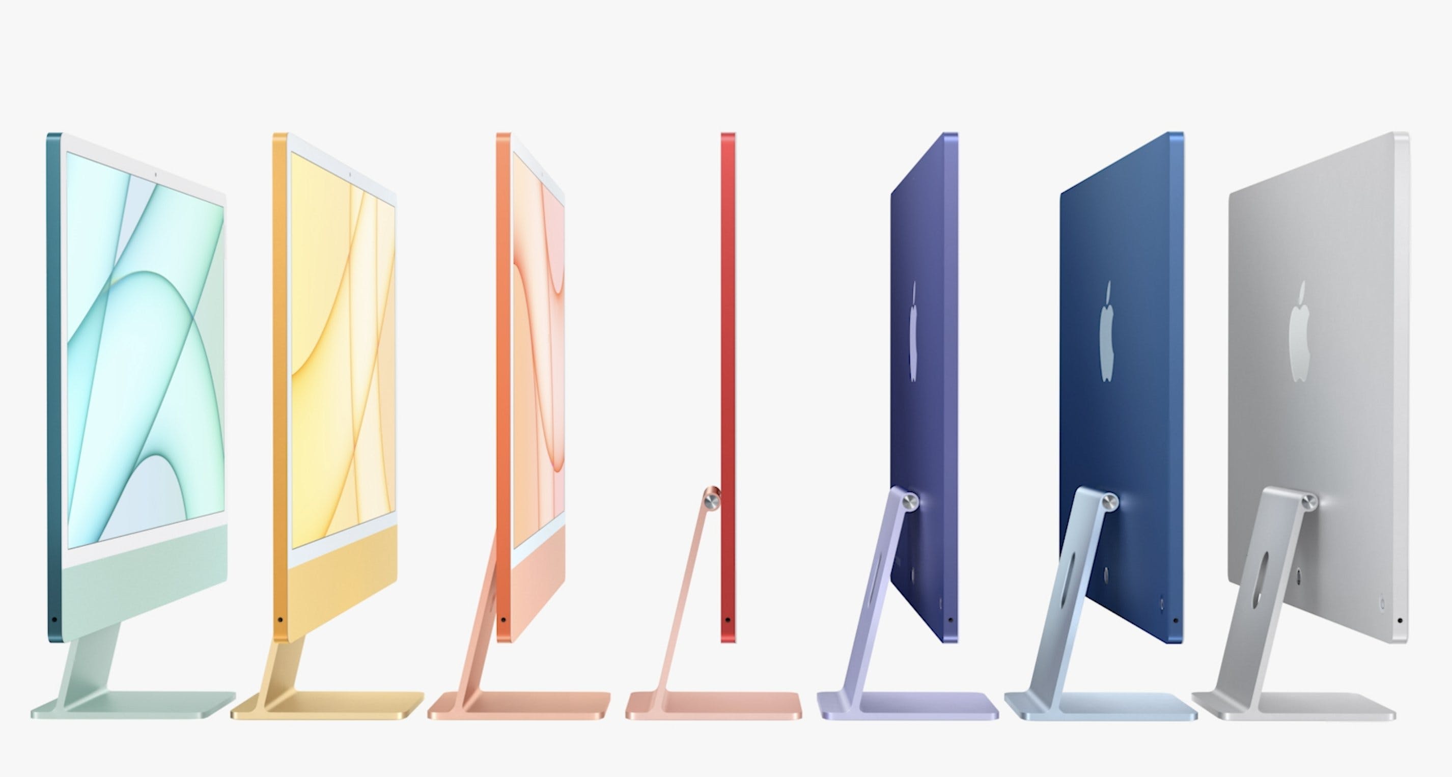 The new iMac comes in green, yellow, orange, pink, purple, blue, and silver.