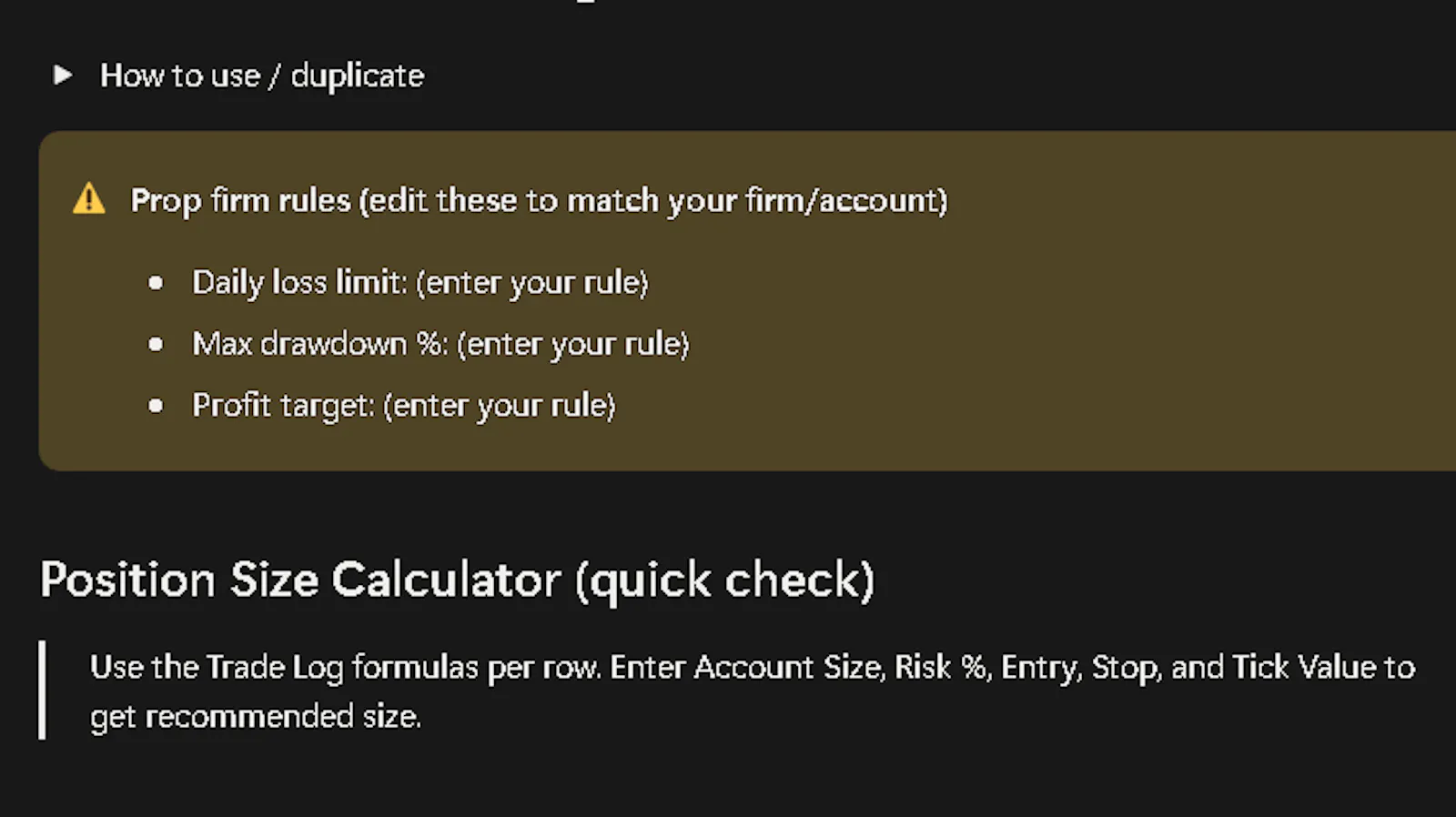 Notion Trade Log/Position size Dashboard screenshot 2