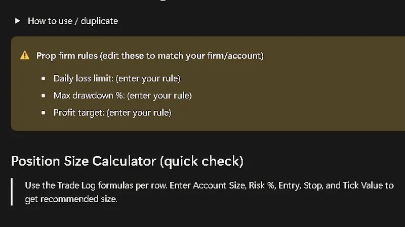 Notion Trade Log/Position size Dashboard screenshot 2