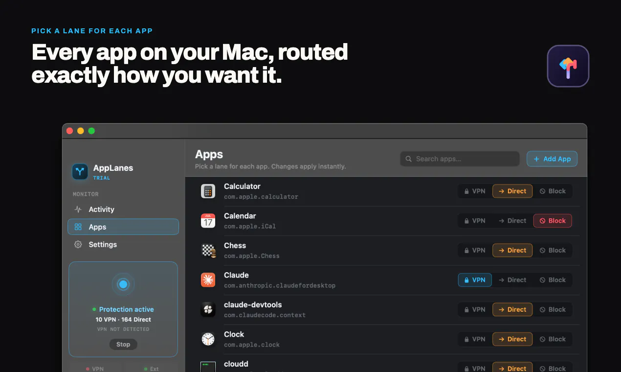 AppLanes - Per-App VPN Routing for Mac gallery image