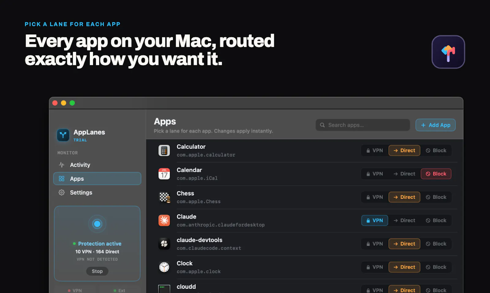 AppLanes - Per-App VPN Routing for Mac screenshot 2