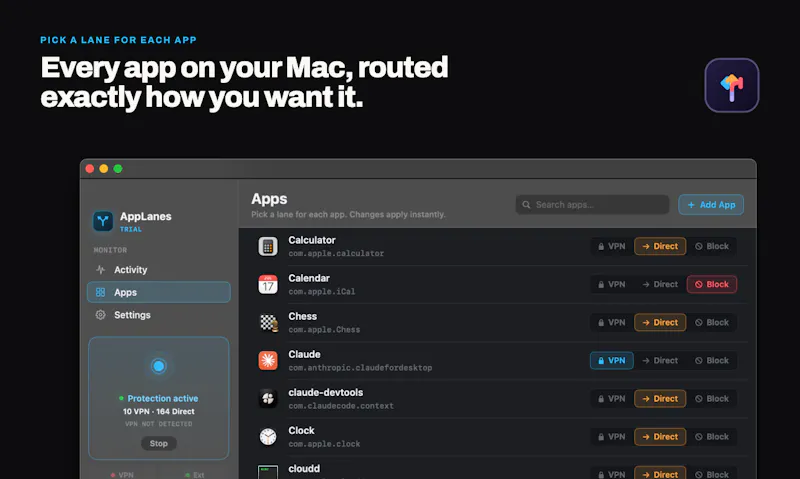 AppLanes - Per-App VPN Routing for Mac screenshot 2