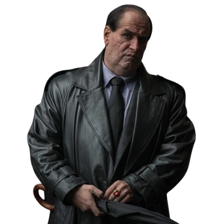 Amerika Anzüge - Besitzen Sie den legendären Pinguin -Oz Cobb Black Leder Trench Coat! Medien 1