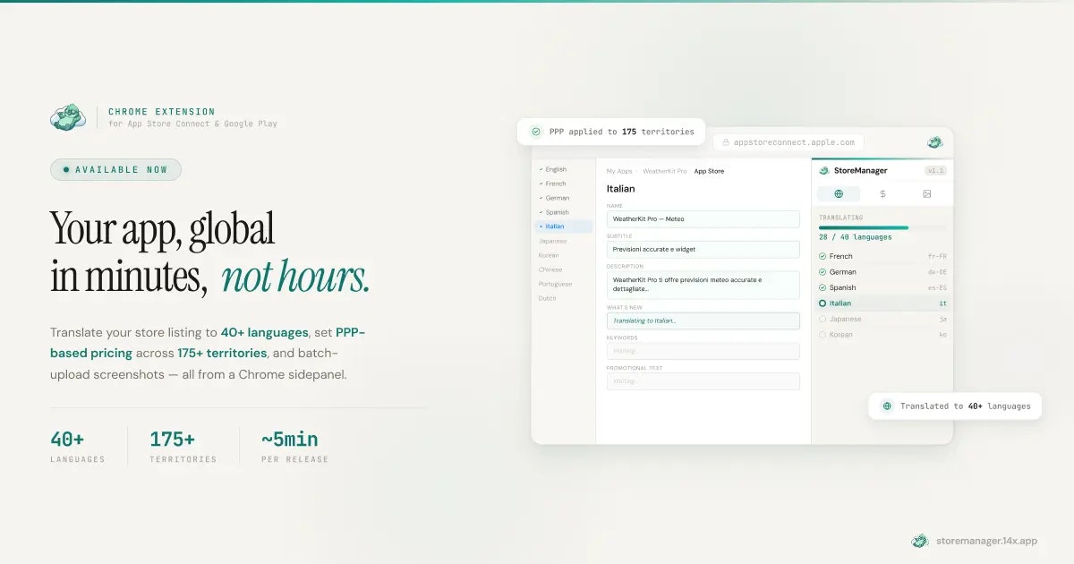StoreManager - App Stores Automation - Main product screenshot demonstrating key features and user interface
