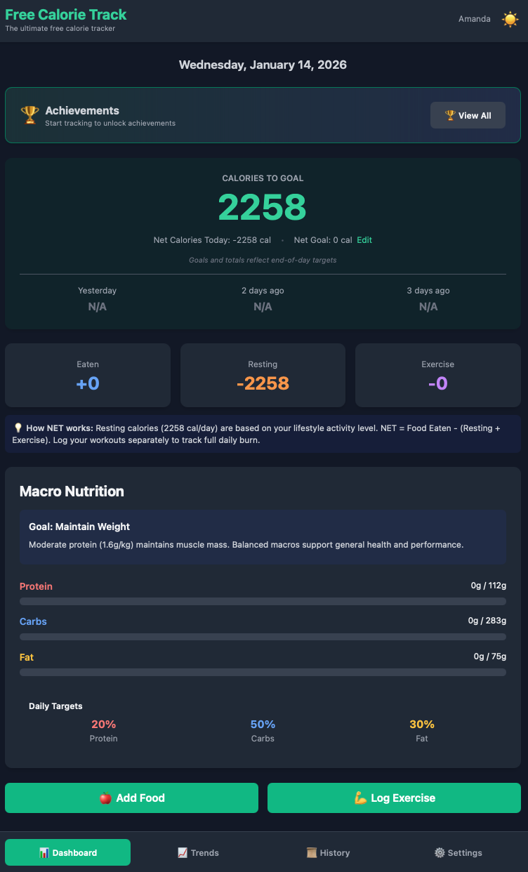 Free Calorie Track - Main product screenshot demonstrating key features and user interface