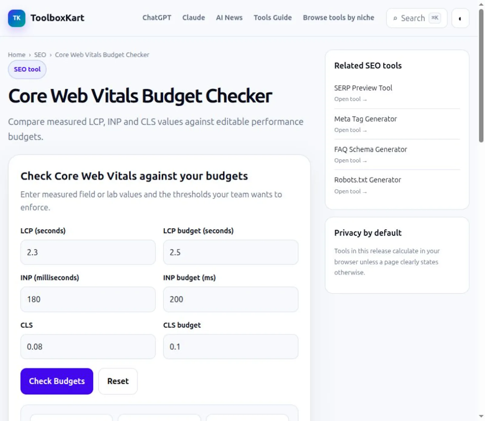 Core Web Vitals Budget Checker screenshot 1
