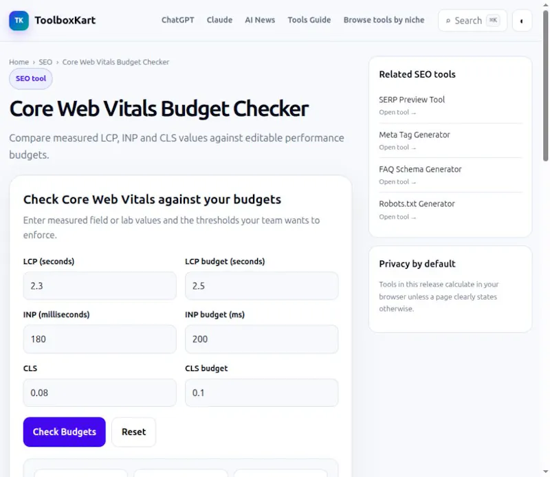 Core Web Vitals Budget Checker screenshot 1