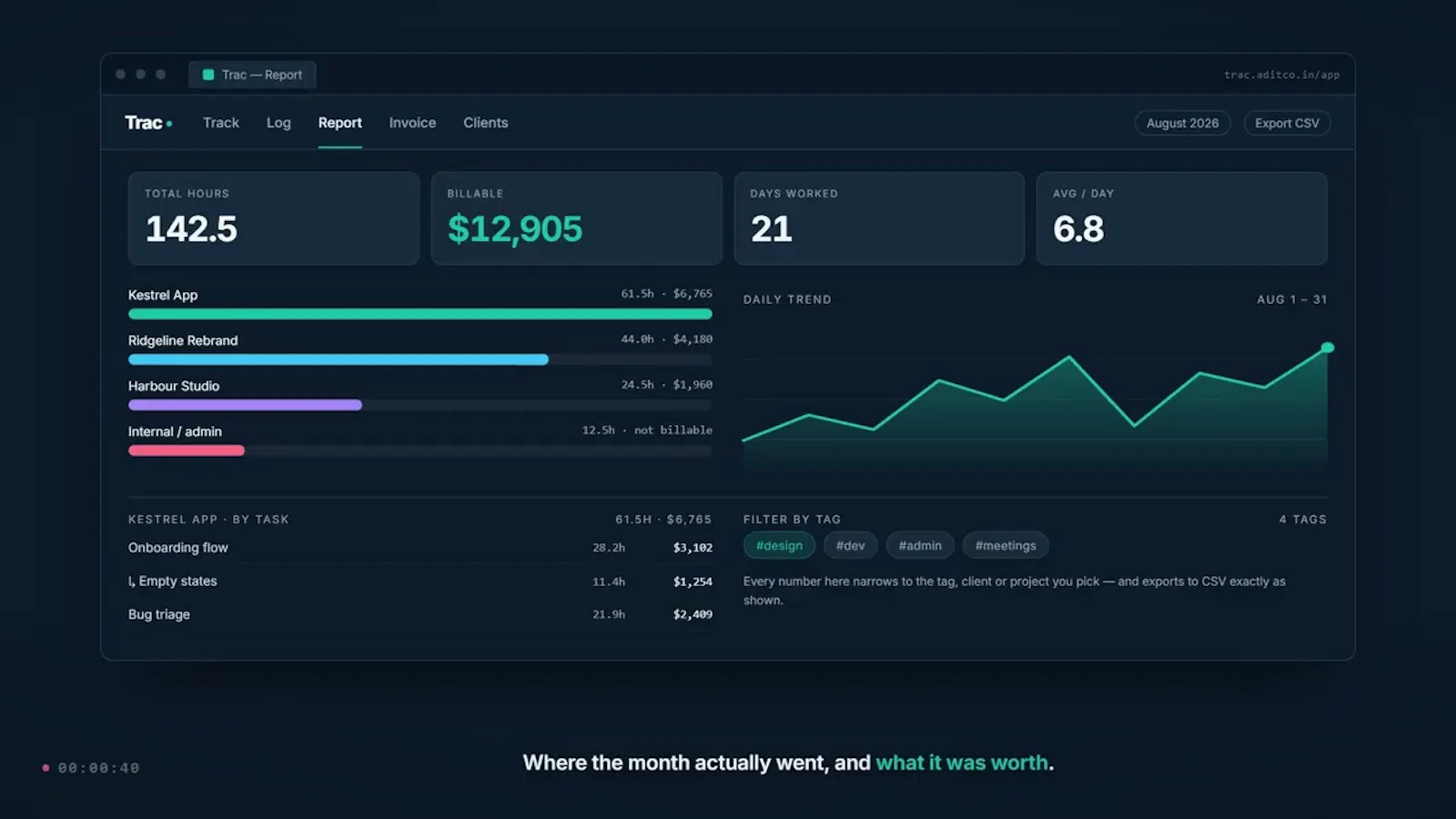 Trac —Local-first Time Tracker screenshot 1 (video preview)