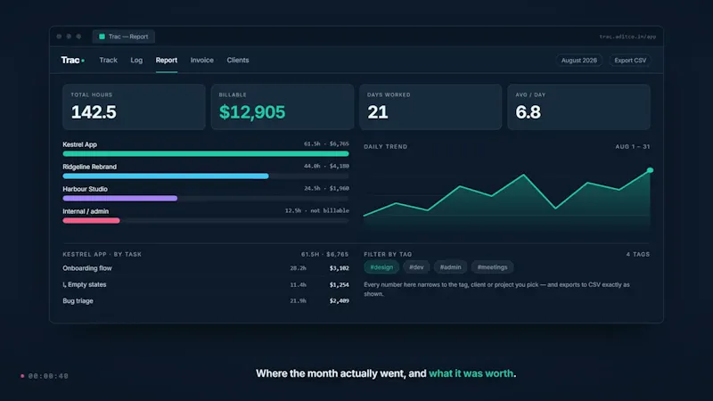 Trac —Local-first Time Tracker screenshot 1 (video preview)