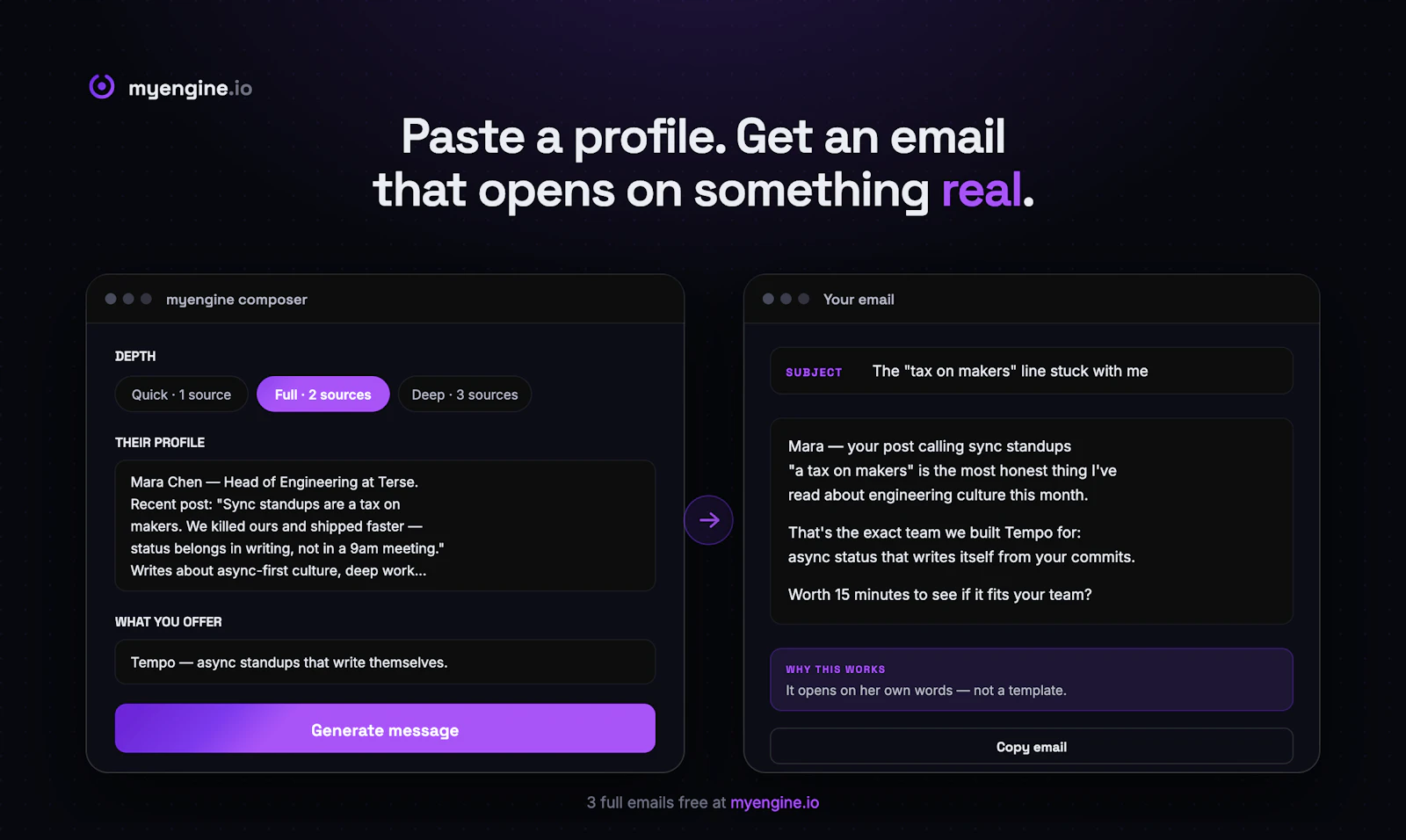 myengine.io — cold emails that get read screenshot 2