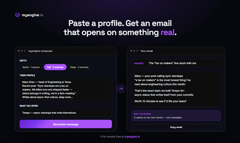 myengine.io — cold emails that get read screenshot 2