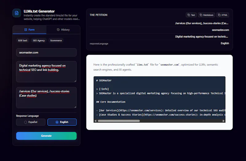 LLMs.txt Generator screenshot 2