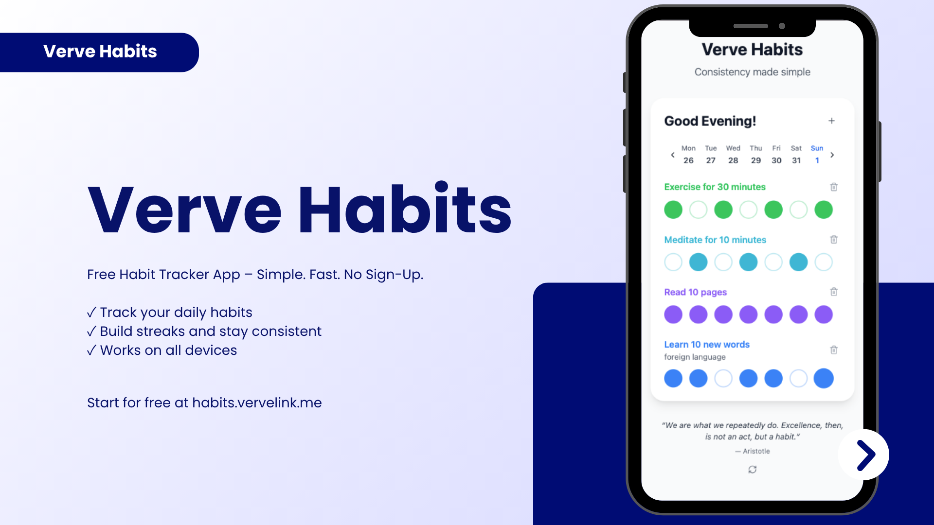 Verve Habits Tracker - Habits Journal - Einfacher und kostenloser Gewohnheitsverfolger, mit dem Sie konsequent bleiben können Medien 1