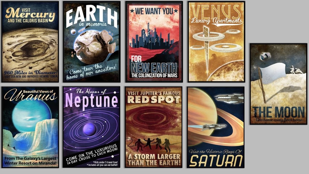 Retro Futuristic Space Art Set of 9