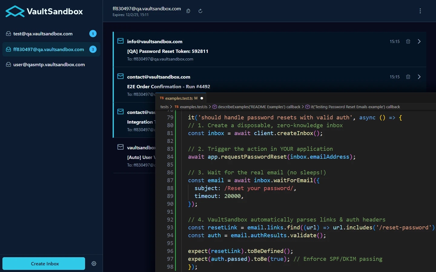VaultSandbox - Main product screenshot demonstrating key features and user interface