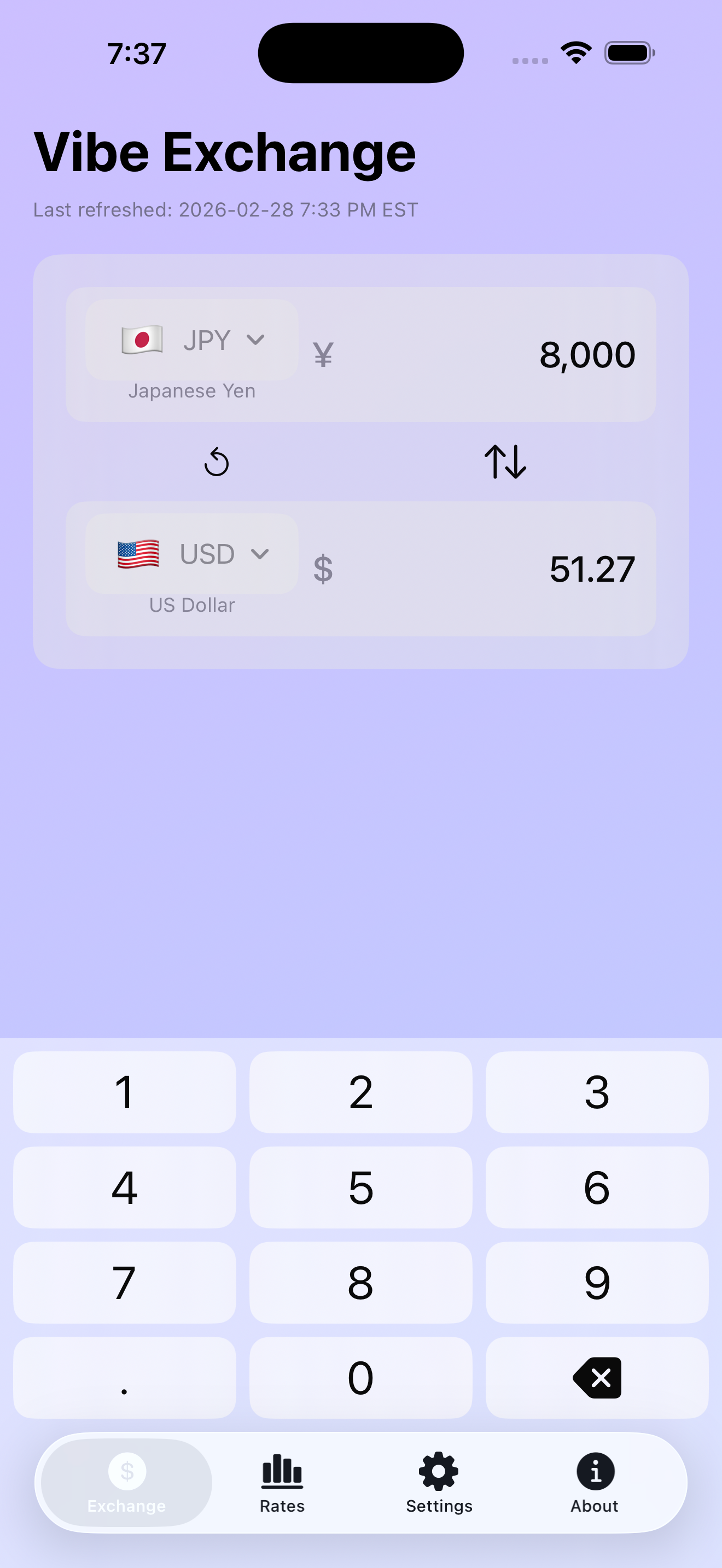 Vibe Exchange - Live Rates - Main product screenshot demonstrating key features and user interface