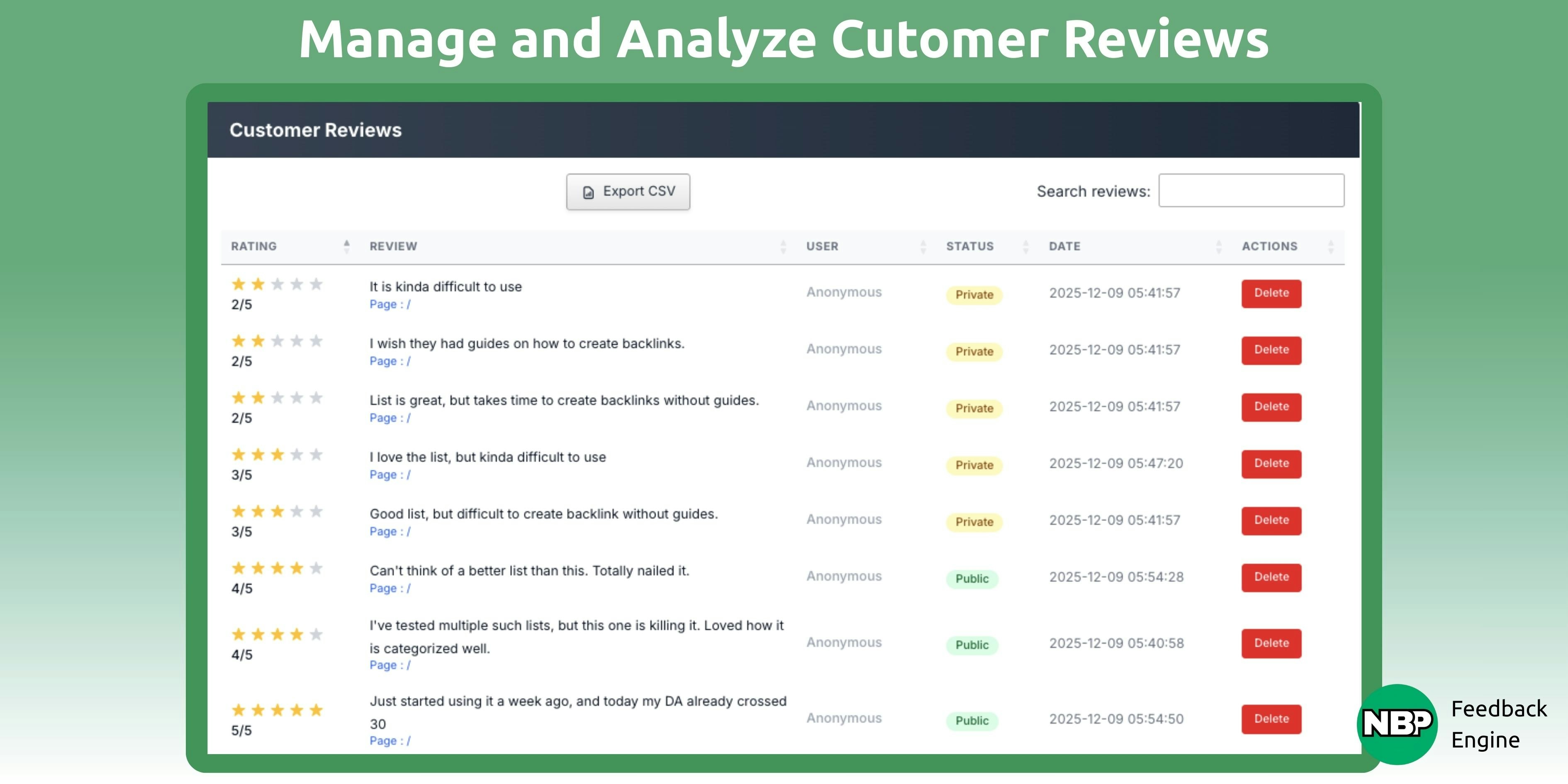 NBP Feedback Engine - Screenshot 2 showing product features and functionality