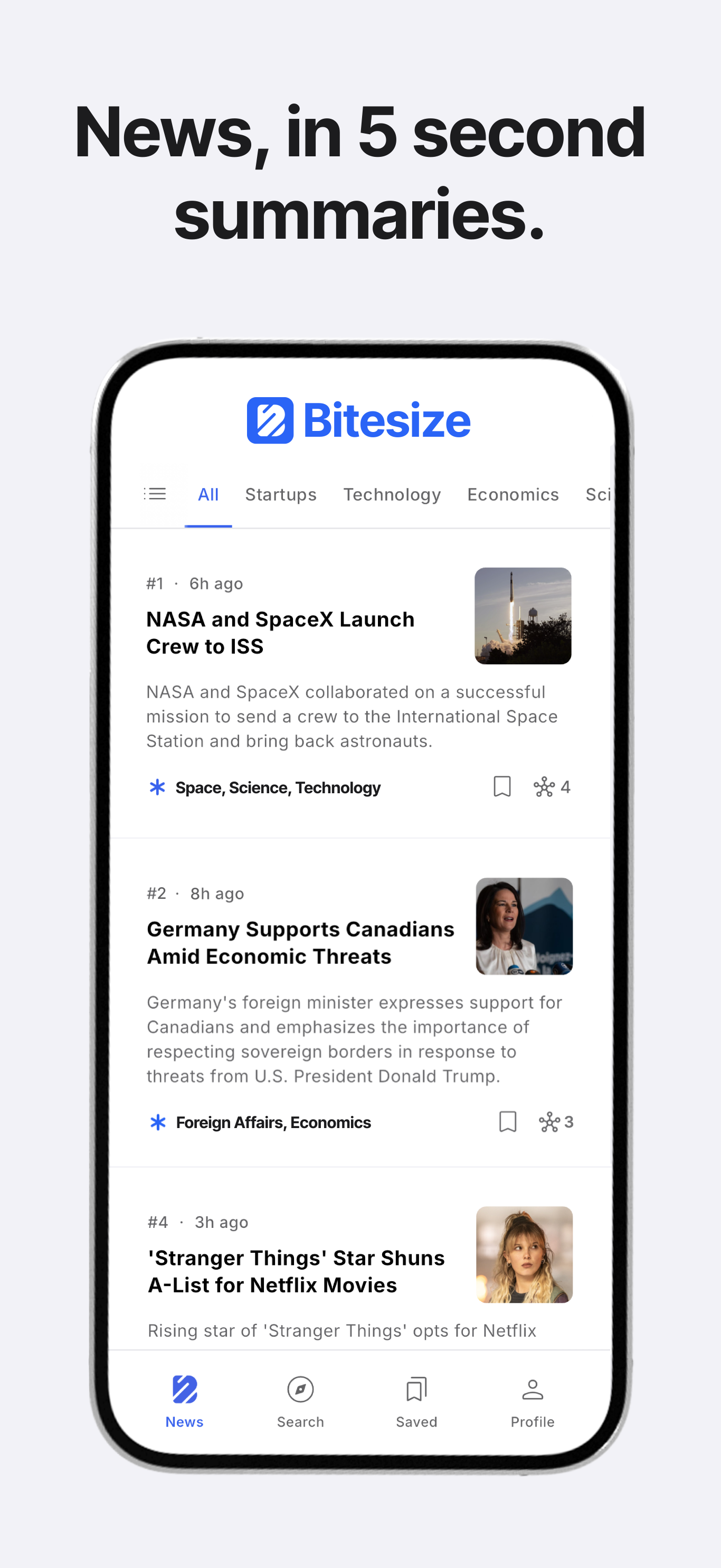 Mídia 1 de BiteSize: resumos de notícias - Atualizações rápidas de notícias de 5 segundos para os tópicos de que você se preocupa