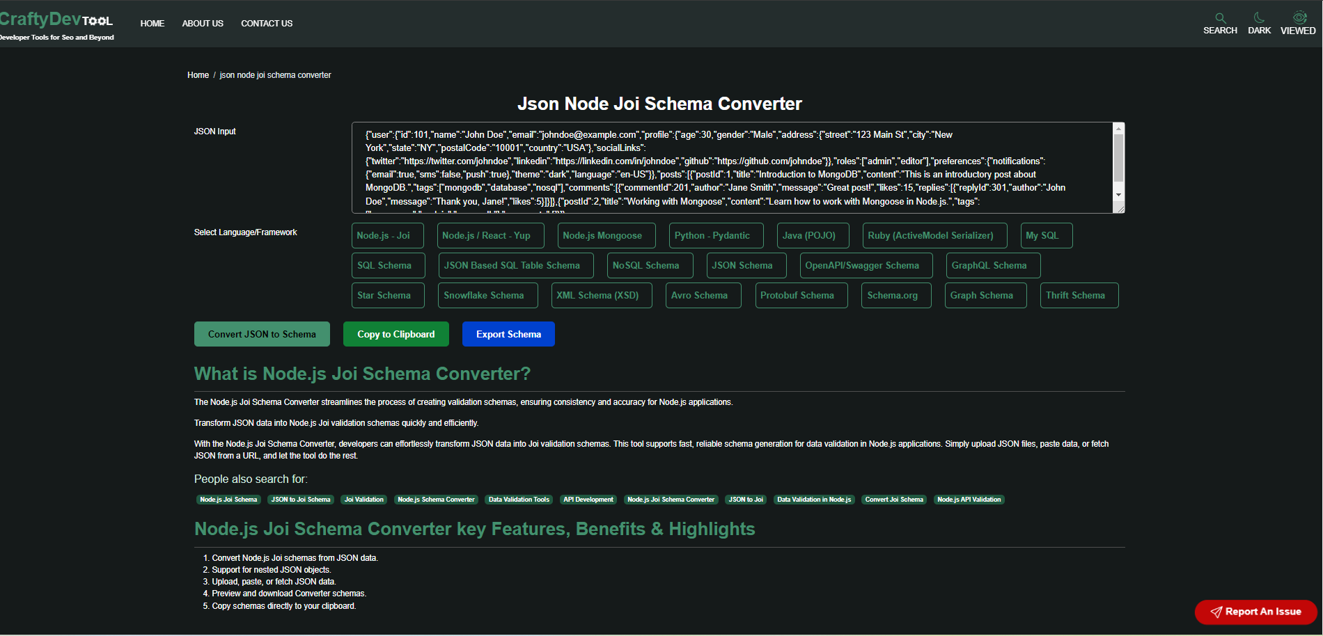 Mídia 2 de JSON para Node Joi Schema Converter - Converter ou gerar o esquema JOI Validationsimple da JSON