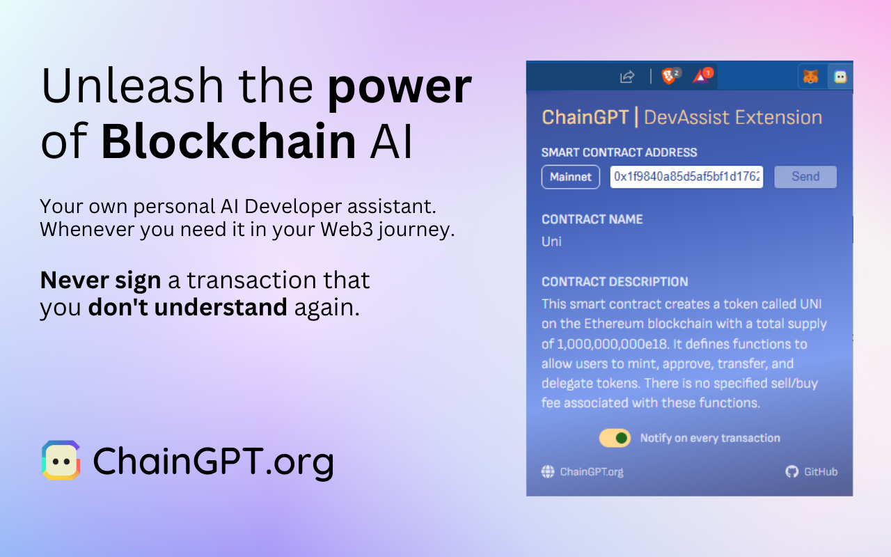 Devassist Extension (Chaingpt) - 다시 이해하지 못하는 Web3 거래에 서명하지 마십시오. 미디어 1