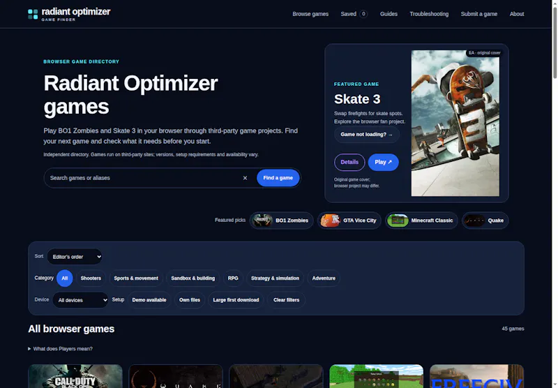 Radiant Optimizer games screenshot 1