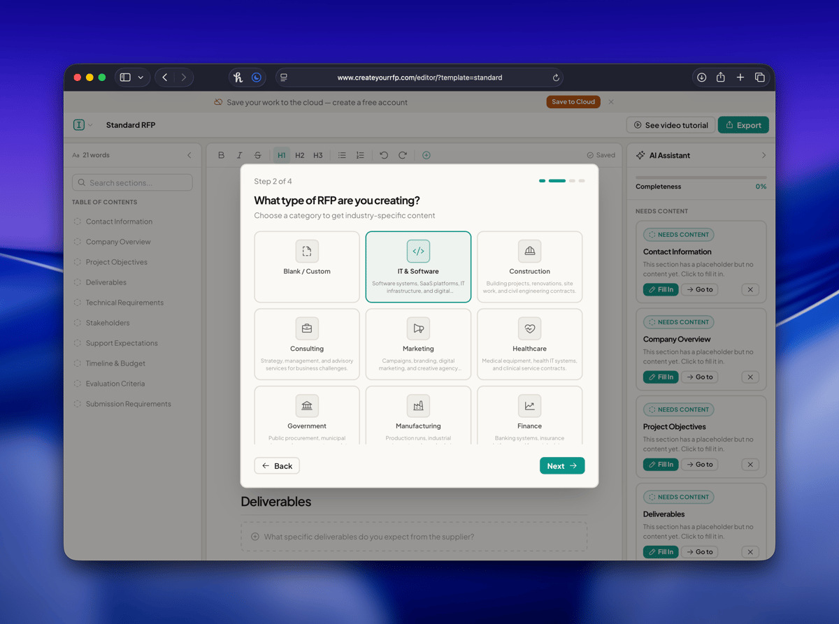 CreateYourRFP - Main product screenshot demonstrating key features and user interface