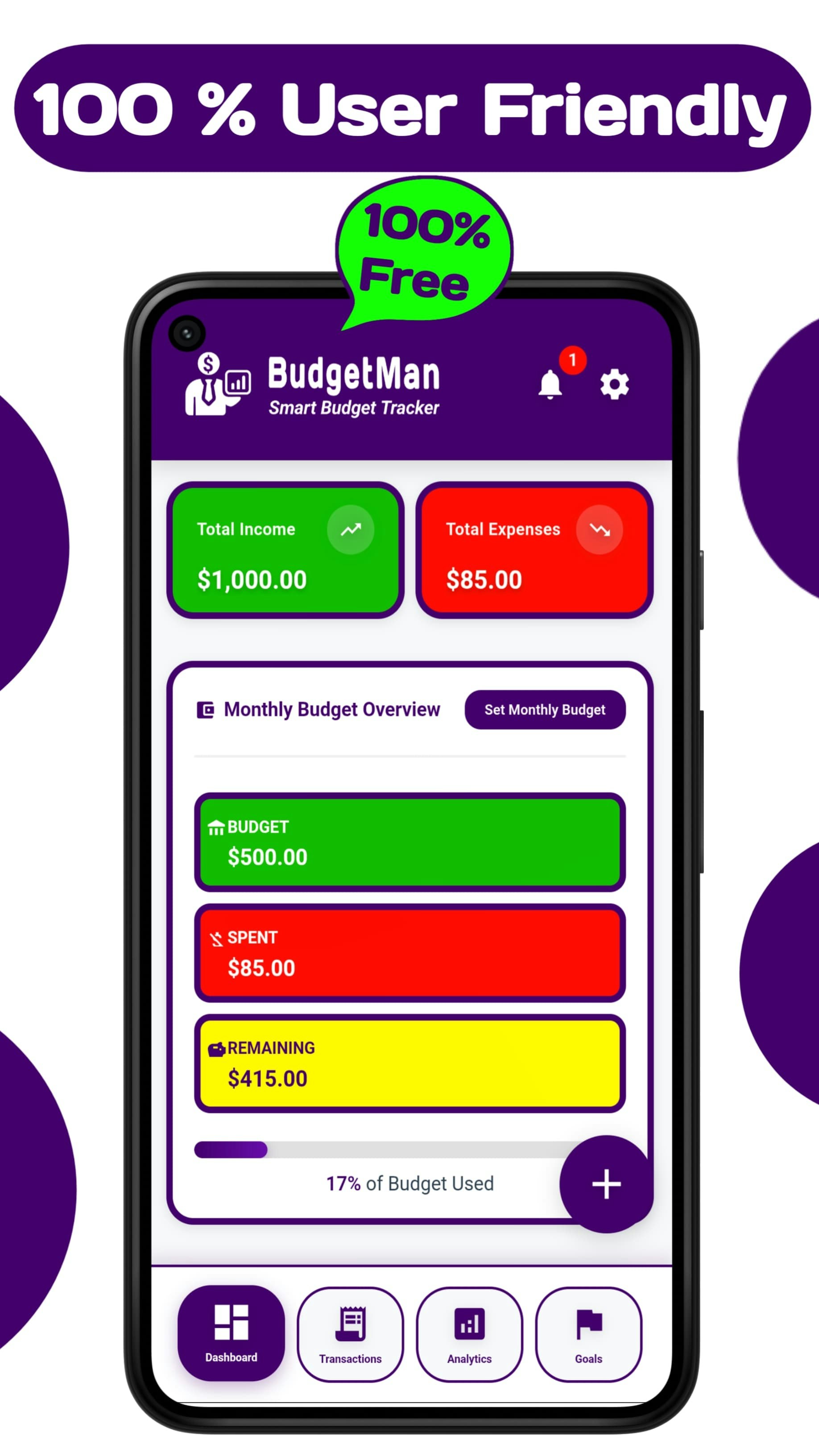 BudgetMan Smart Budget & Expense Tracker - Main product screenshot demonstrating key features and user interface