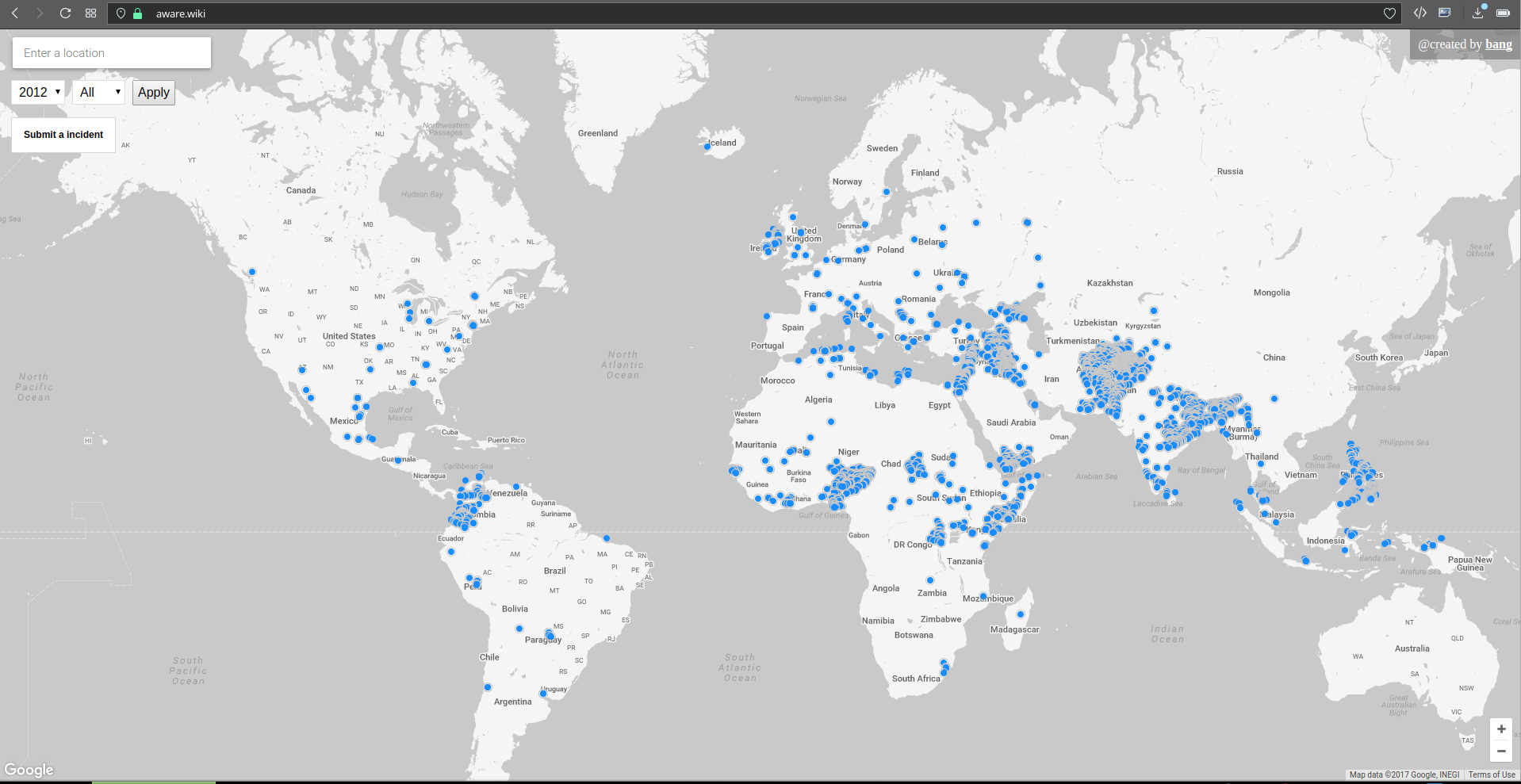 Aware.wiki - a map of global incidents from 1970 to 2016 gallery image