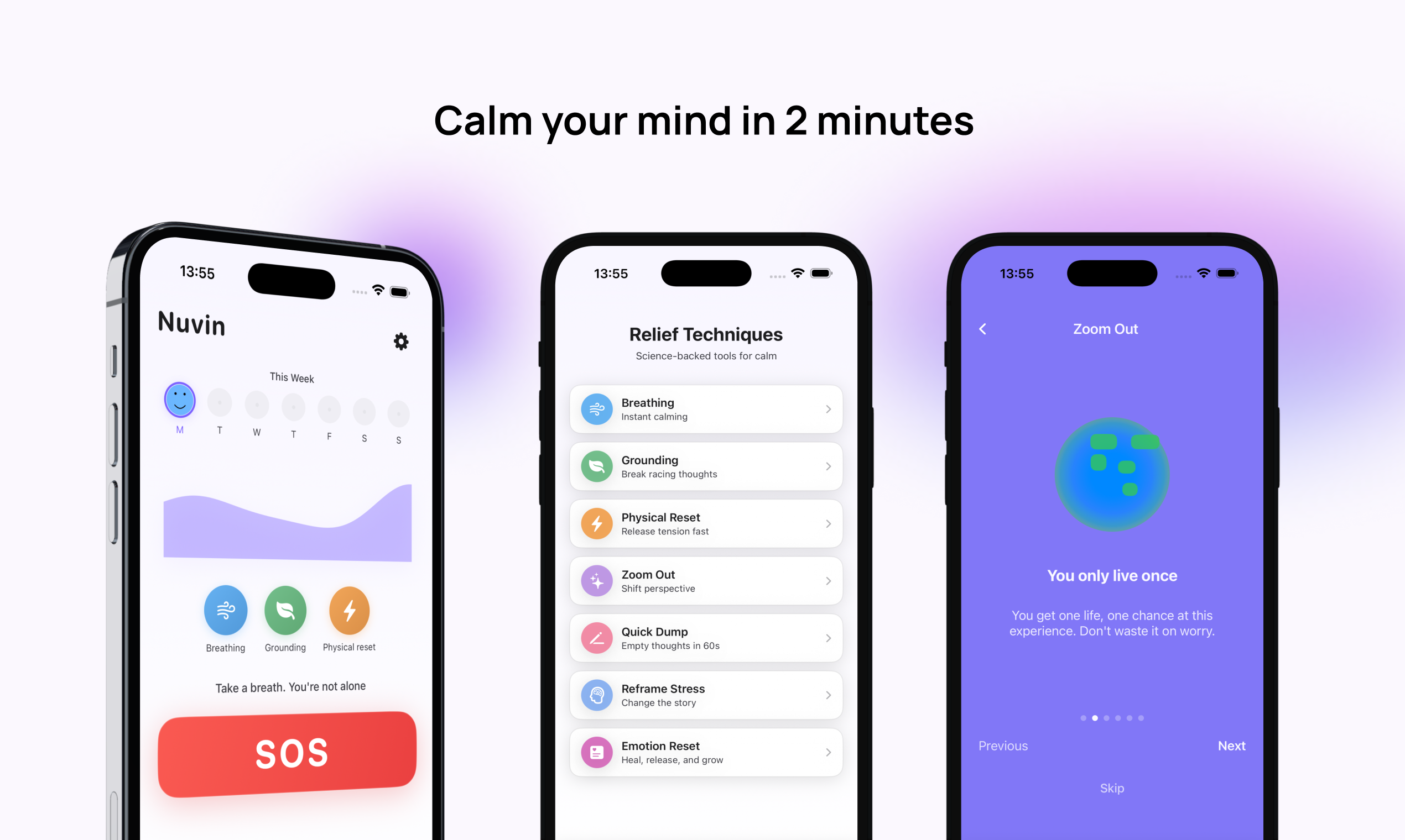 Nuvin - Stress & Anxiety Relief  - Main screenshot showing features and interface