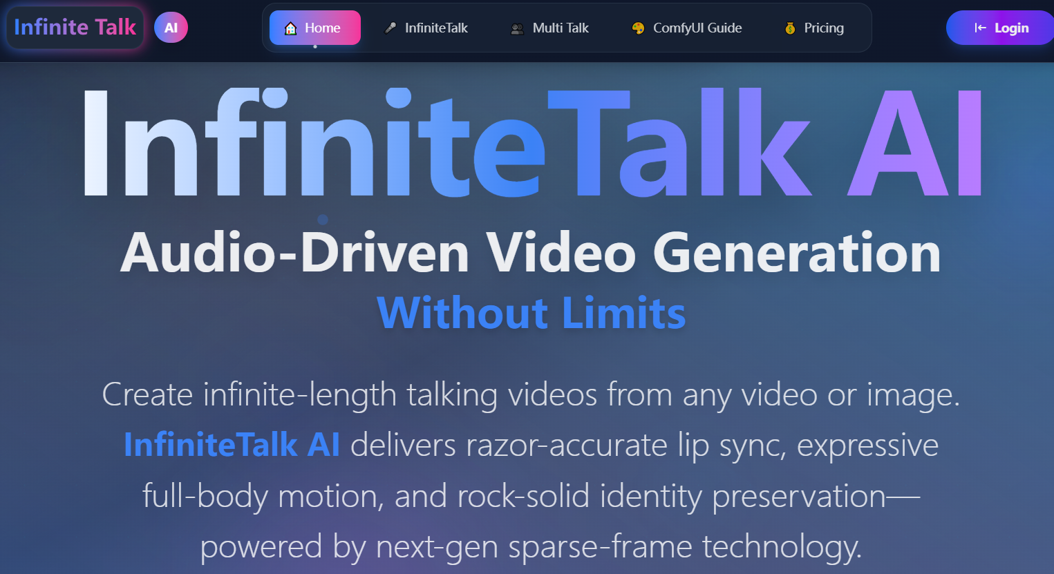 InfiniteTalk AI - Audio-Driven Video - Main product screenshot demonstrating key features and user interface