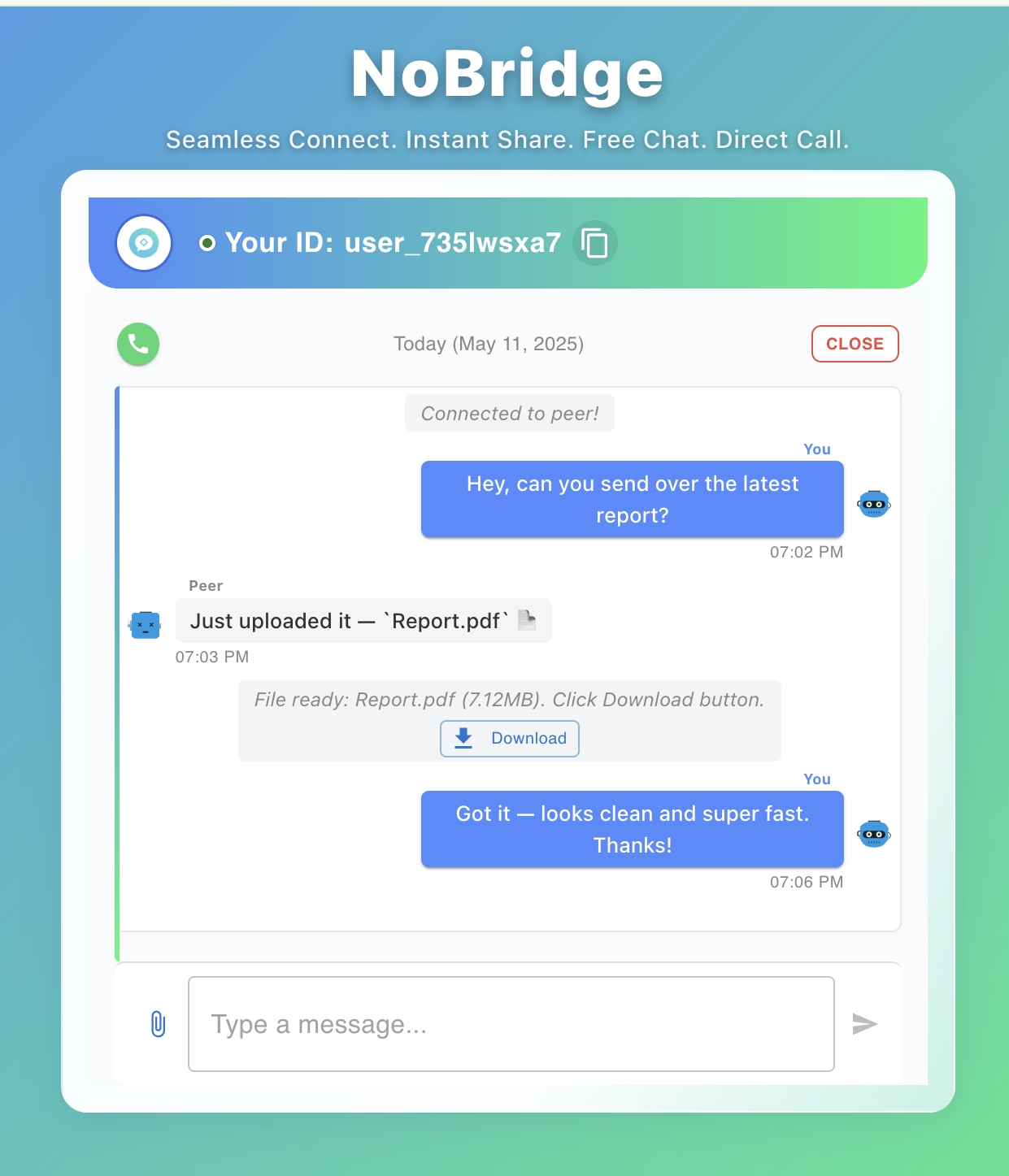 Nobridge - Anında tarayıcıdan browser mesajlaşma, dosya transferleri vb. medya 6