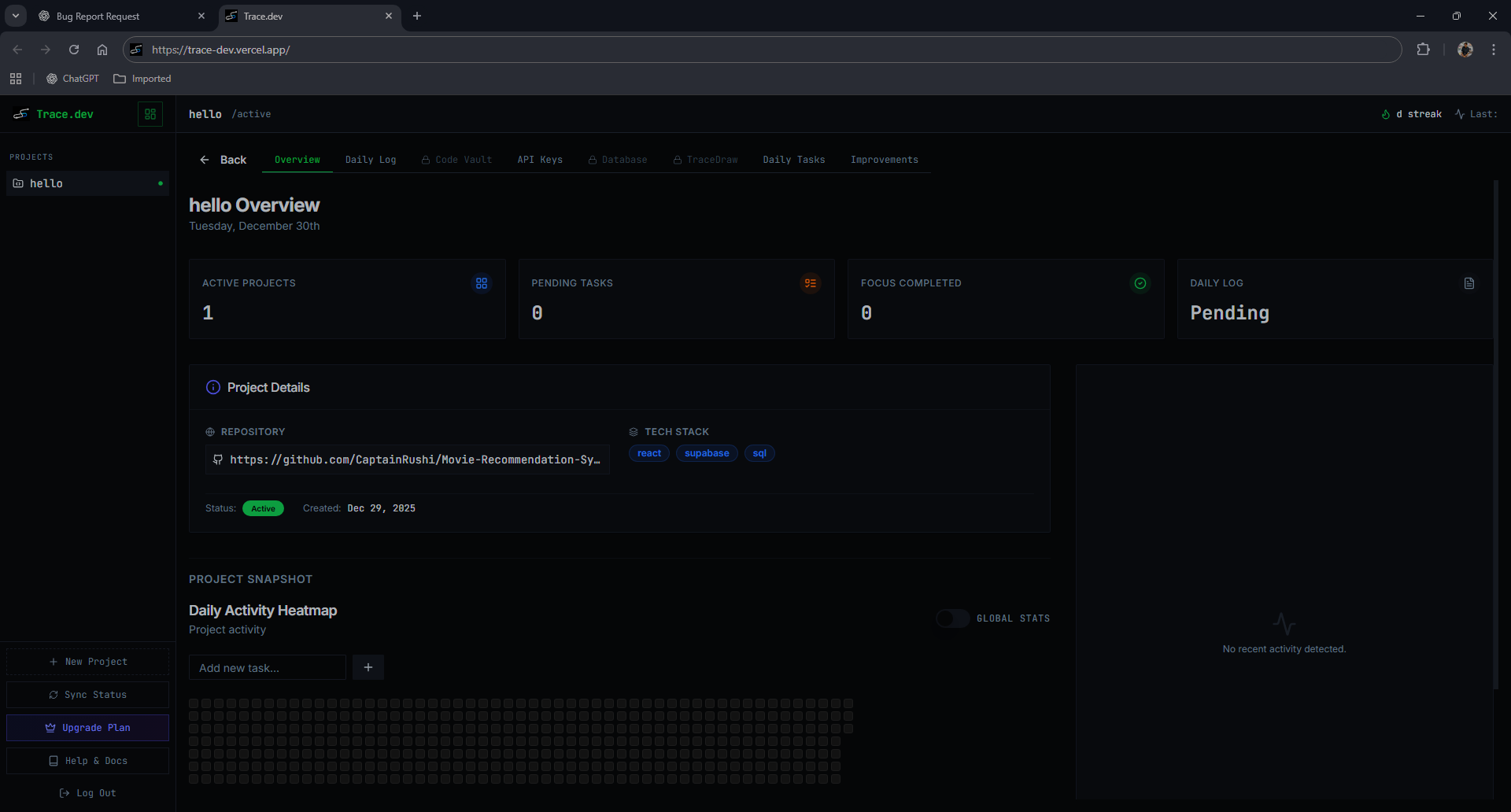 Trace.dev - Main product screenshot demonstrating key features and user interface