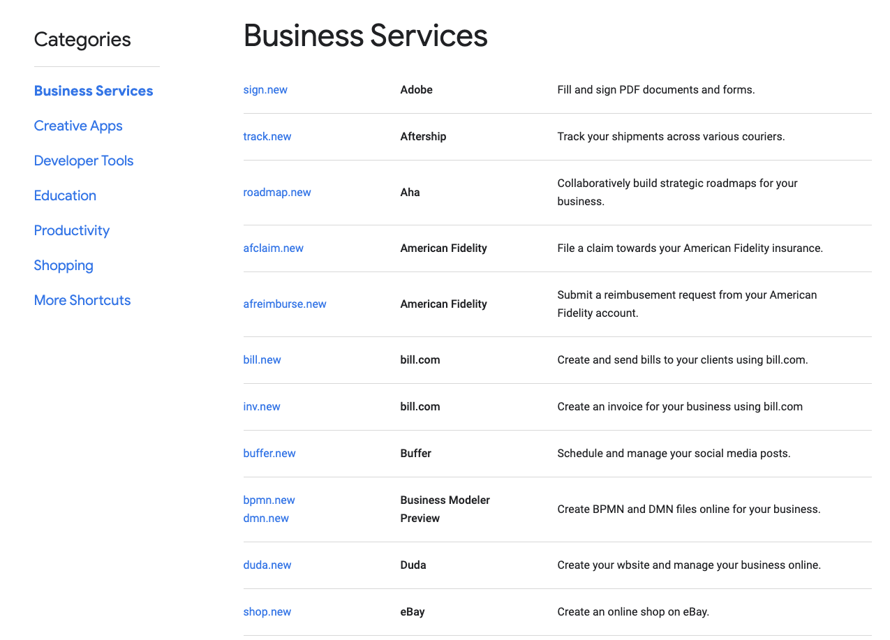 Google .new Shortcuts List gallery image