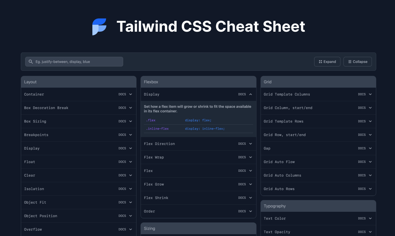 Tailwind CSS Cheat Sheet Every class name from Tailwind CSS on a