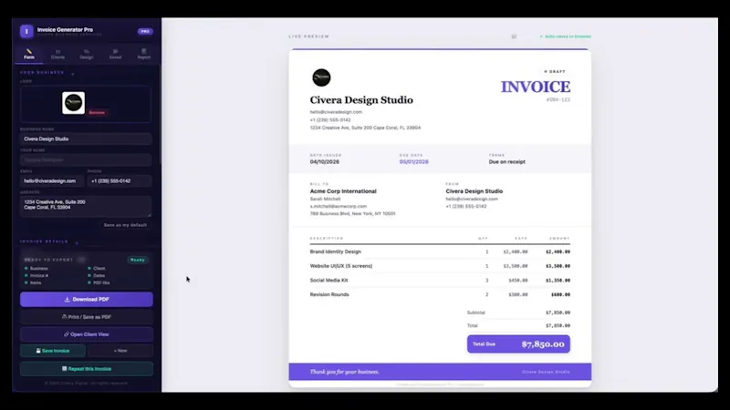 Free Invoice Generator  screenshot 1 (video preview)
