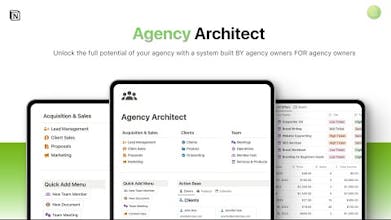 Agentur Architektur Arbeitsbereich, der integrierte Tools und Funktionen für Agenturen auf Notion präsentiert.