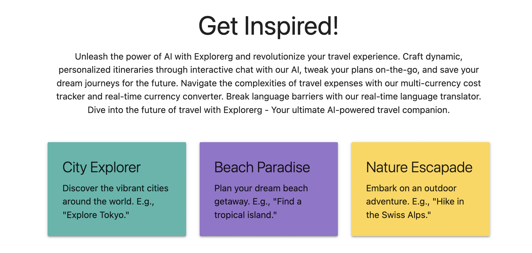 Explorerg - Descubra, planifica tus viajes - Itinerarios personalizados Traducción de idiomas Seguimiento de costos media 3