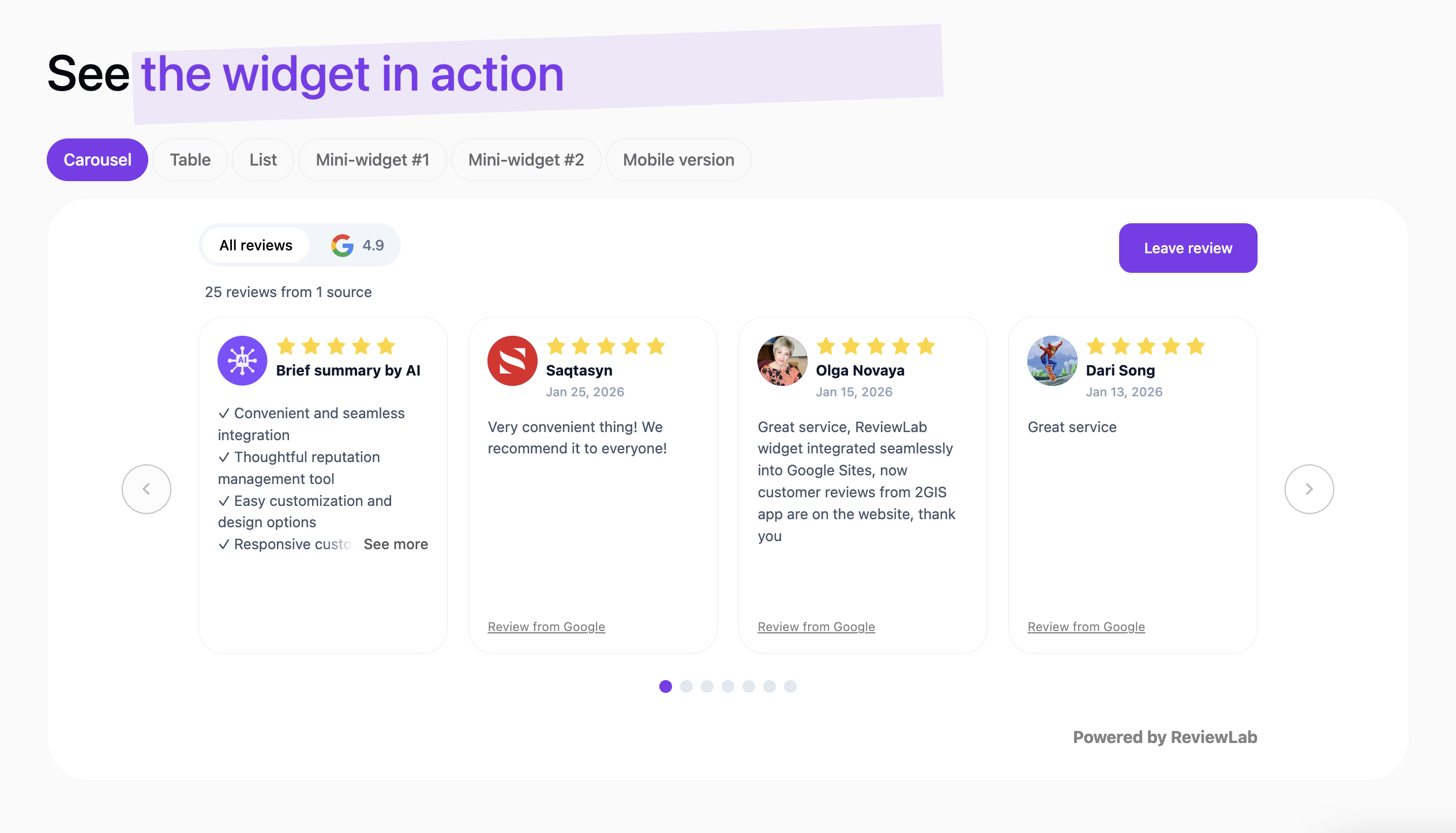ReviewLab - Review Widget - Main product screenshot demonstrating key features and user interface