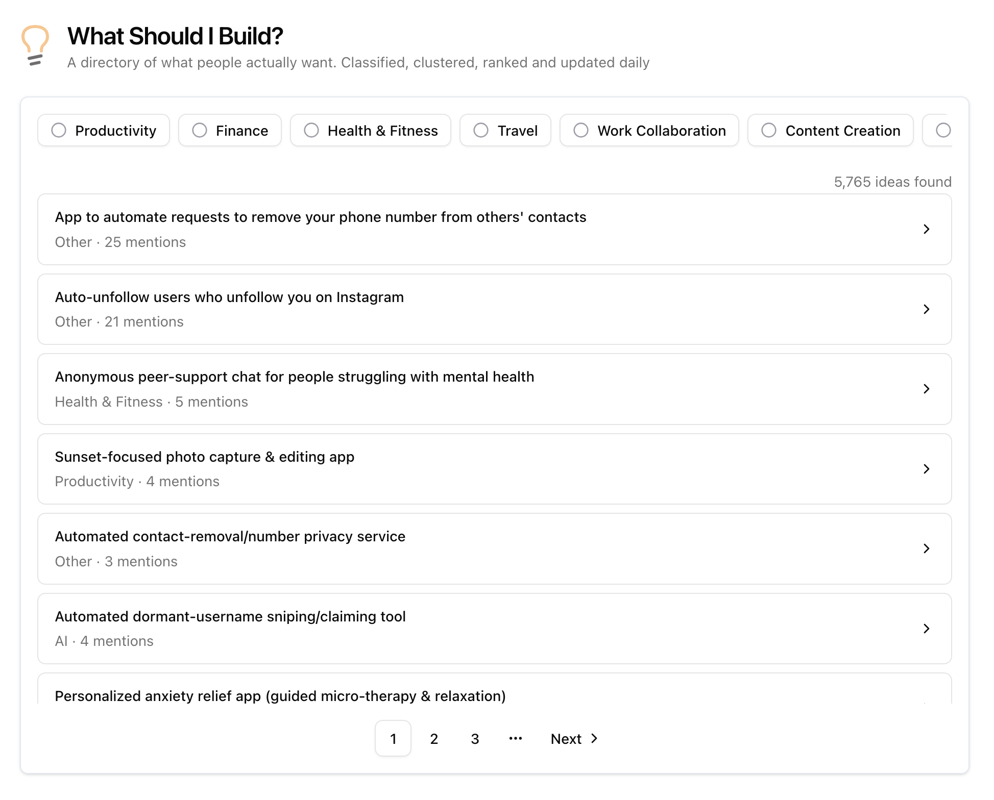 What Should I Build? - Main product screenshot demonstrating key features and user interface
