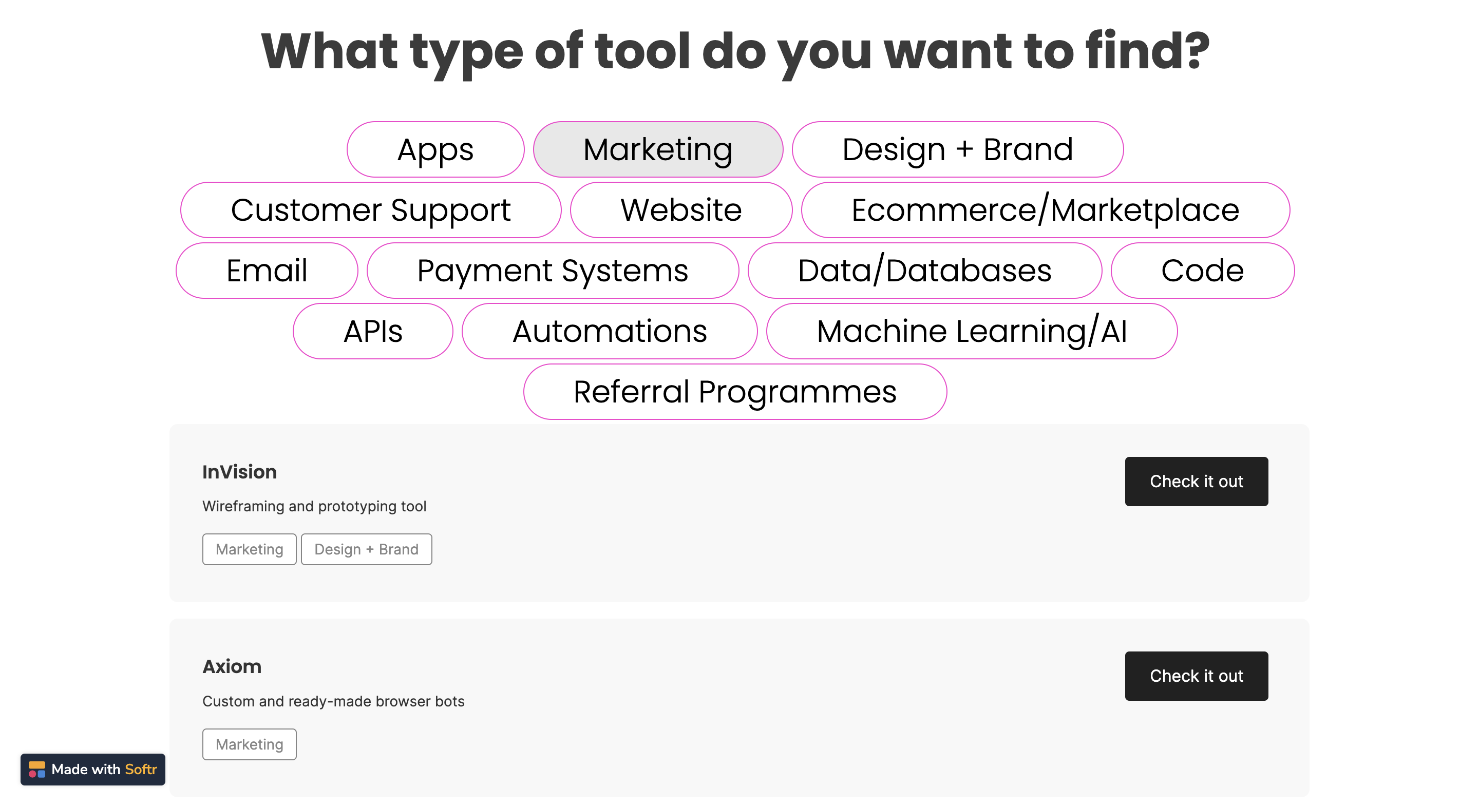 No-Code Tool Finder - Een samengestelde database van 300 geen code tools die worden gebruikt om MVP's te maken media 3