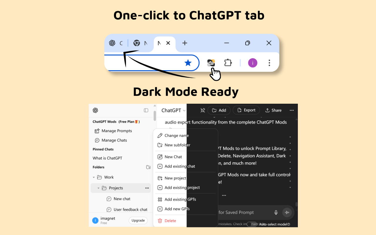 Média Chatgpt mods chrome Extension - Supercharge Chatgpt avec des dossiers, des invites, des exportations et plus 6