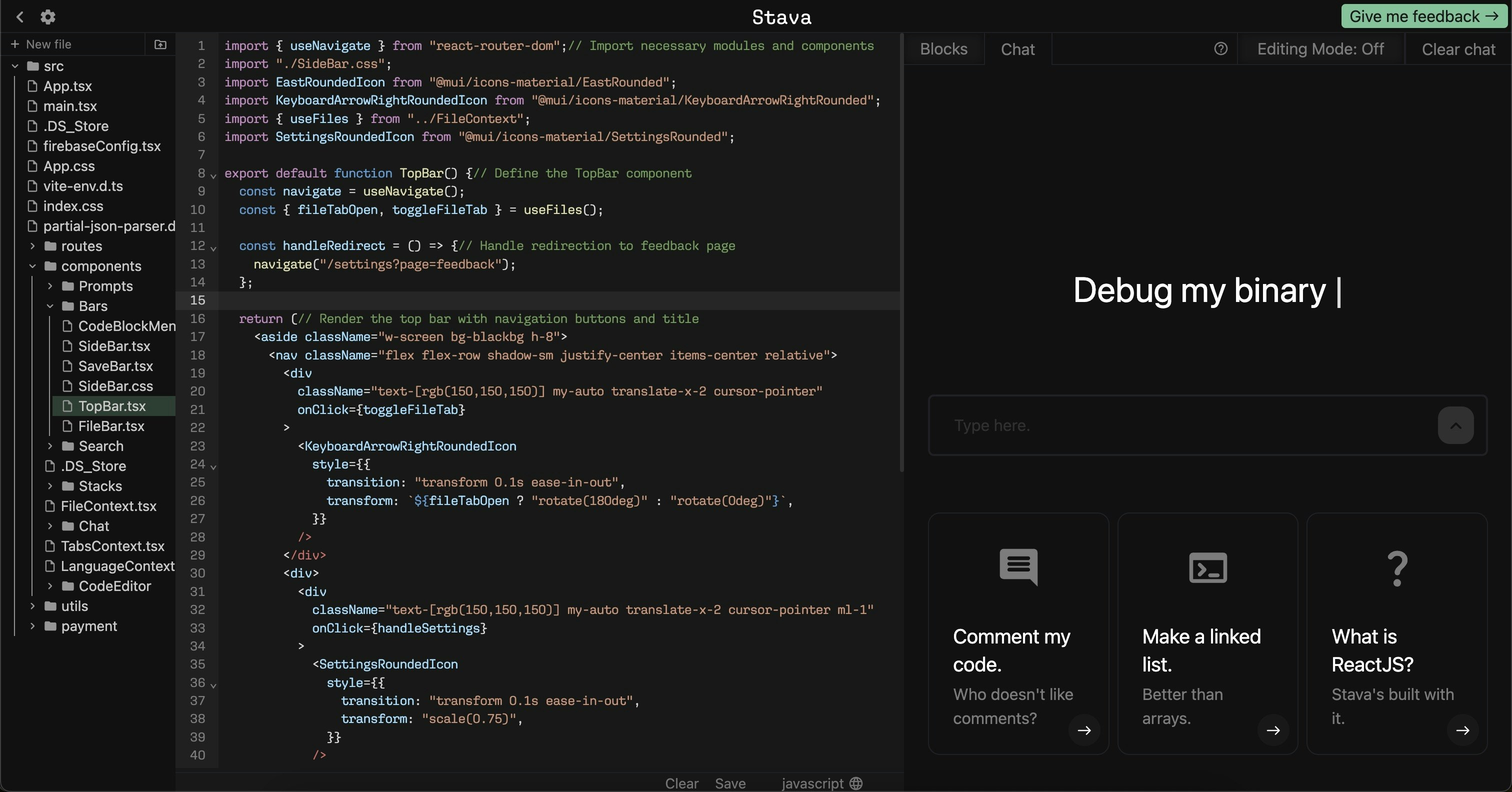 Mídia 1 de Stava.io - Um editor de código que enfatiza o aprendizado.