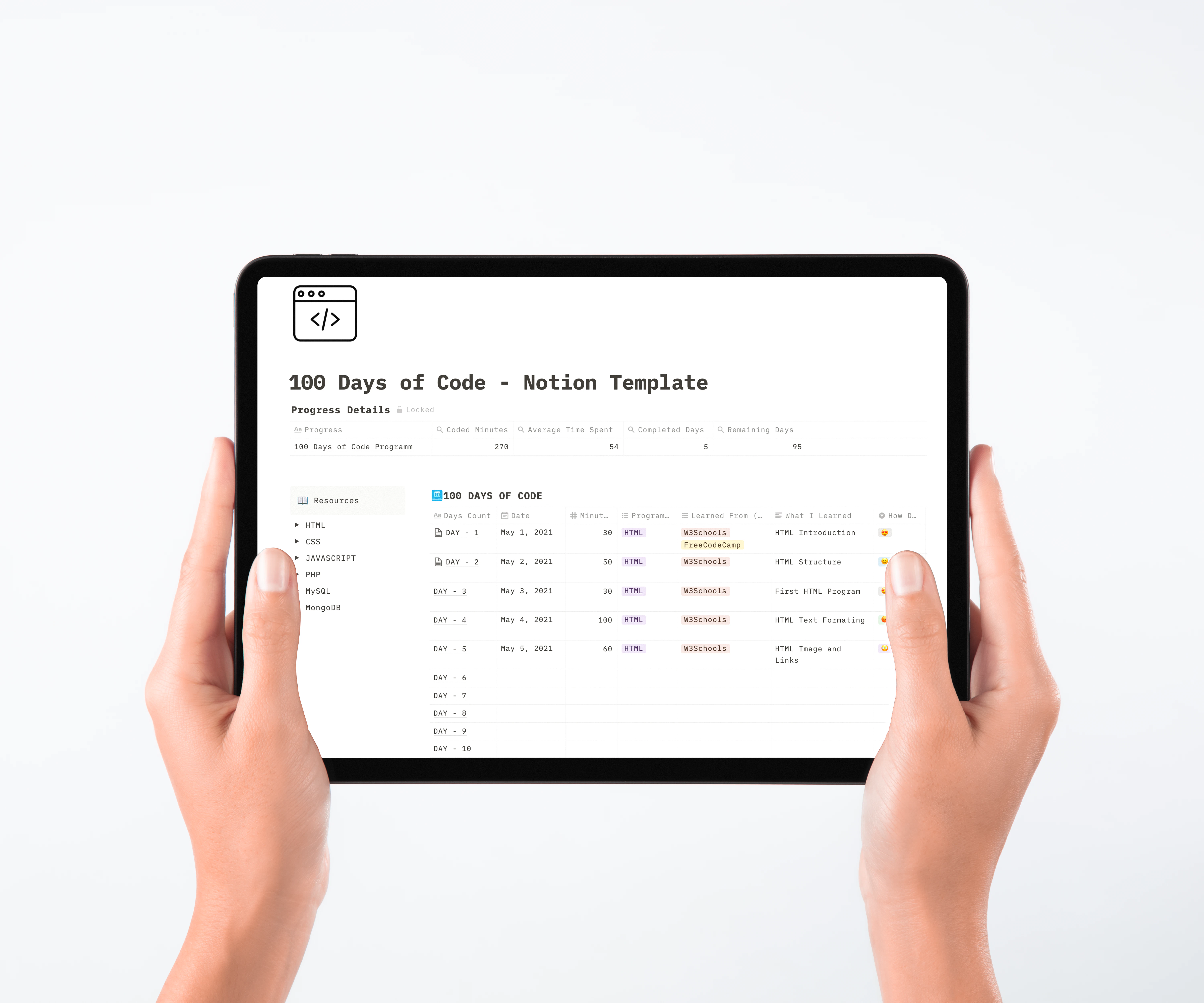 100 Days of Code Tracker Notion Template