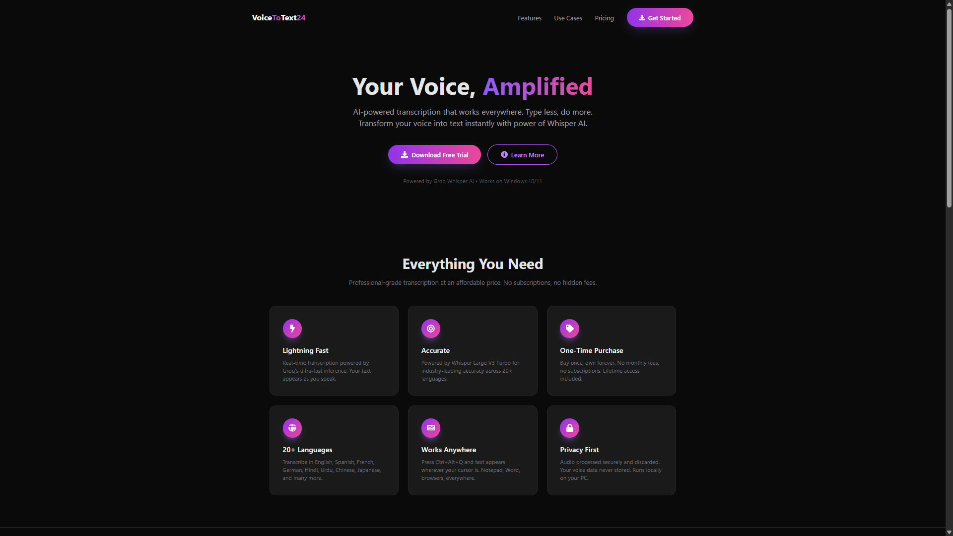 VoiceToText24 - Main product screenshot demonstrating key features and user interface